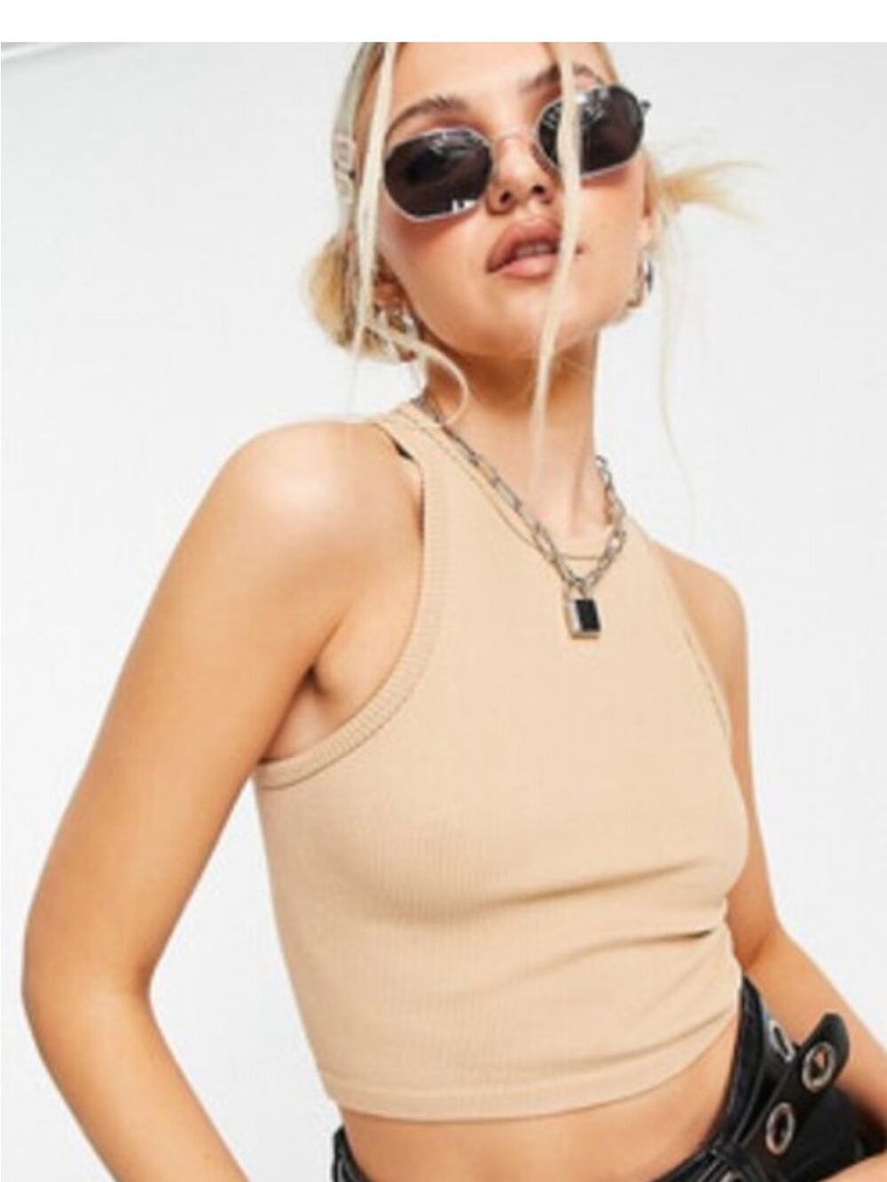 Stradivarius seamless cropped ribbed racer tank in beige XS
